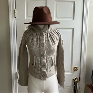 Women’s cropped cableknit woolblend button-up hooded cardigan bell sleeves Small